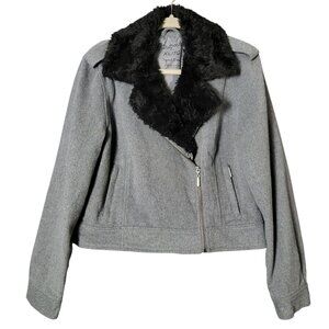 Aeropostale Womens Y2K Gray Wool Blend Coat Jacket XL Faux Fur Lined Collar